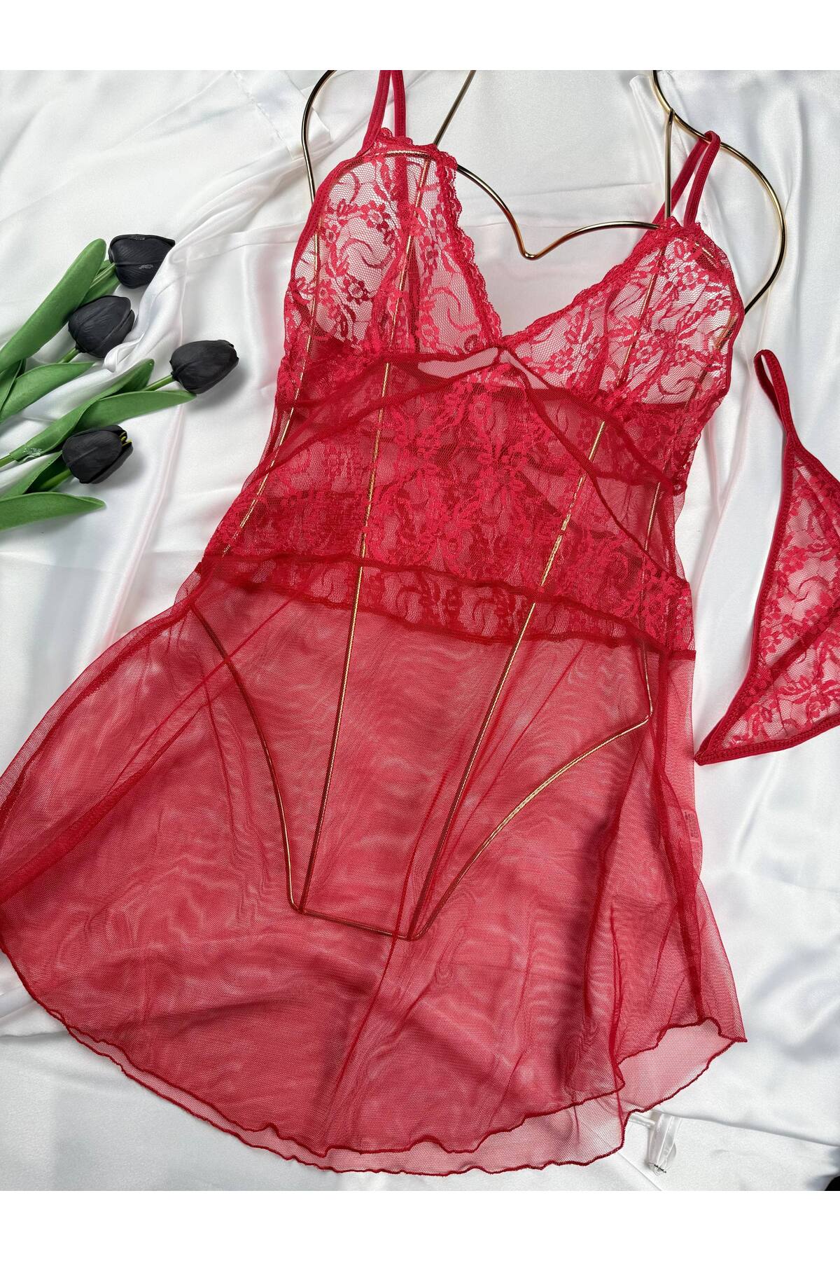 ROZENİN LINGERIE Kadın Romantik Askılı Dantel Tül Gecelik String Hediyeli görsel 5
