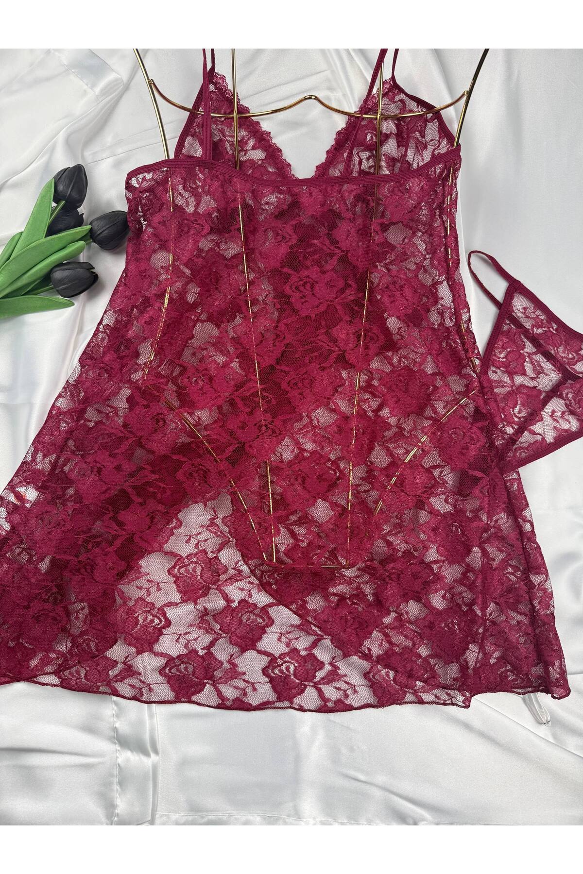 ROZENİN LINGERIE Kadın Romantik Askılı Dantel Tül Gecelik String Hediyeli görsel 7