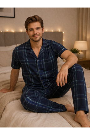 Vesperia Erkek Ekose Kısa Kol Düğmeli Pamuklu Pijama Takımı