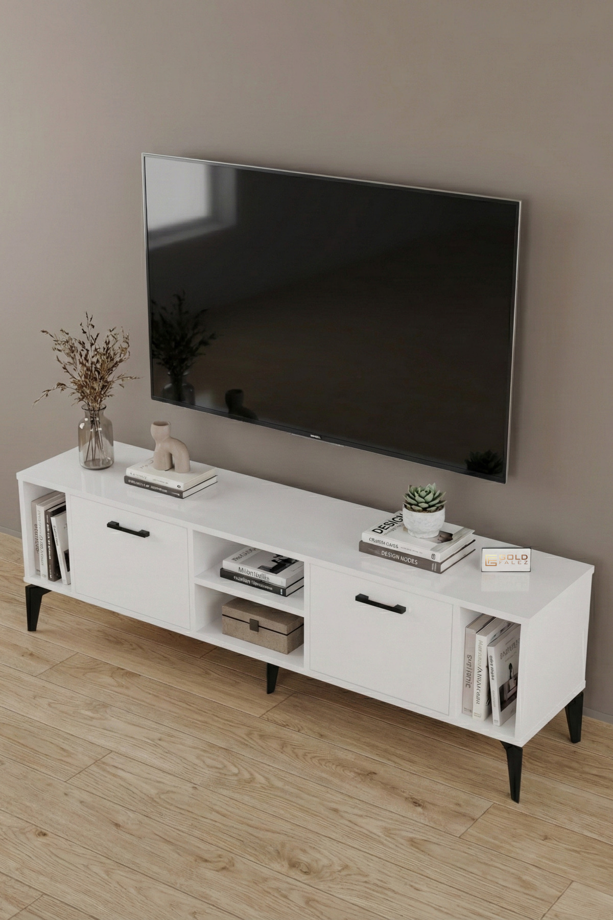 Goldfalez Linya TV Sehpası Suntalam Beyaz 160x35 cm görsel 4