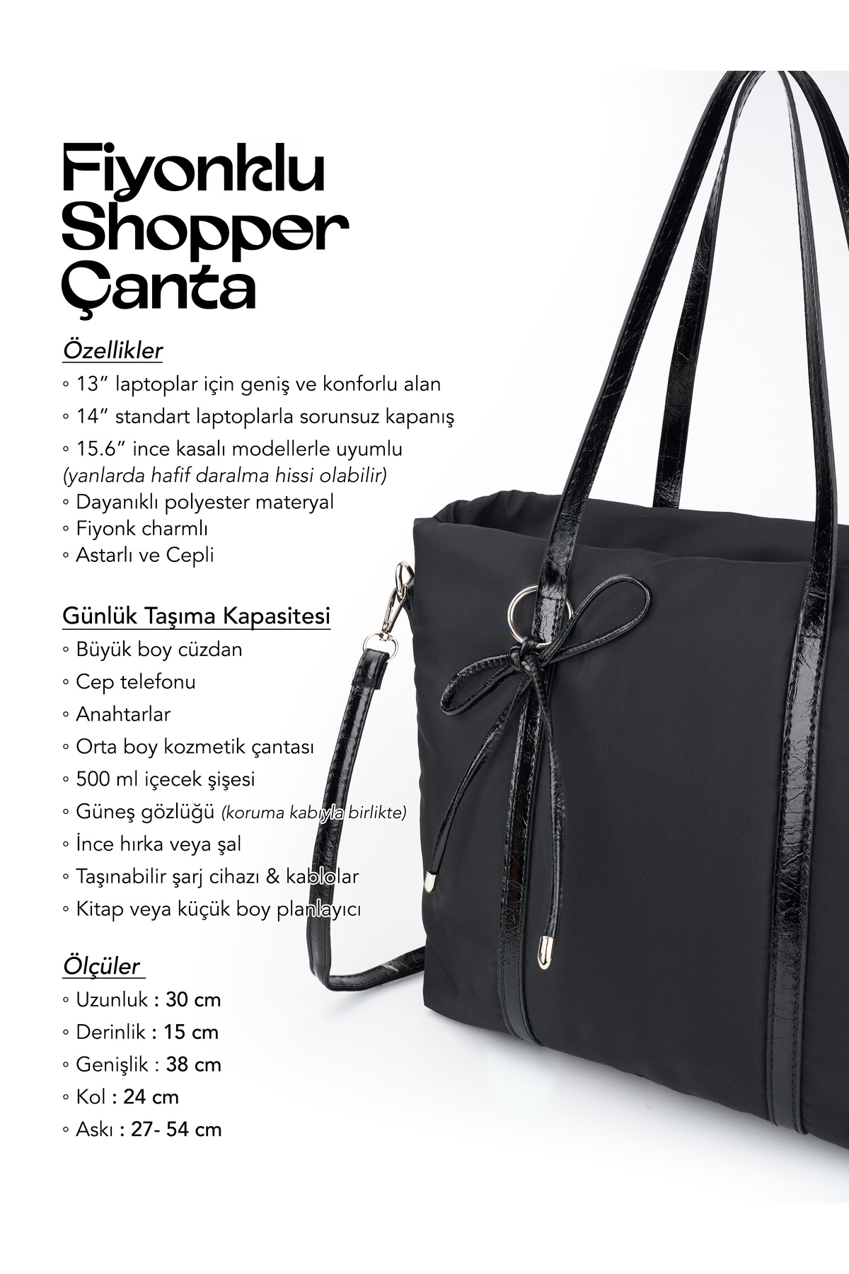 SHAKA Siyah SHK319 Fiyonk Charmlı,Fermuarlı,Astarlı Shopper Çanta görsel 6