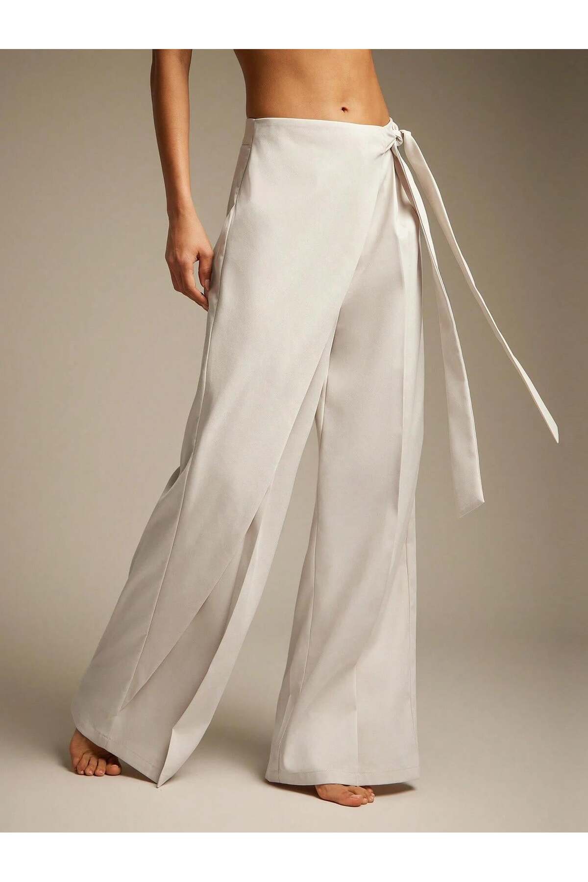 Afri Ecru Women's Tie-Waist High Waist Palazzo Trousers with Wide Legs and Double Breasted Detail, Stylish Fabric Pants