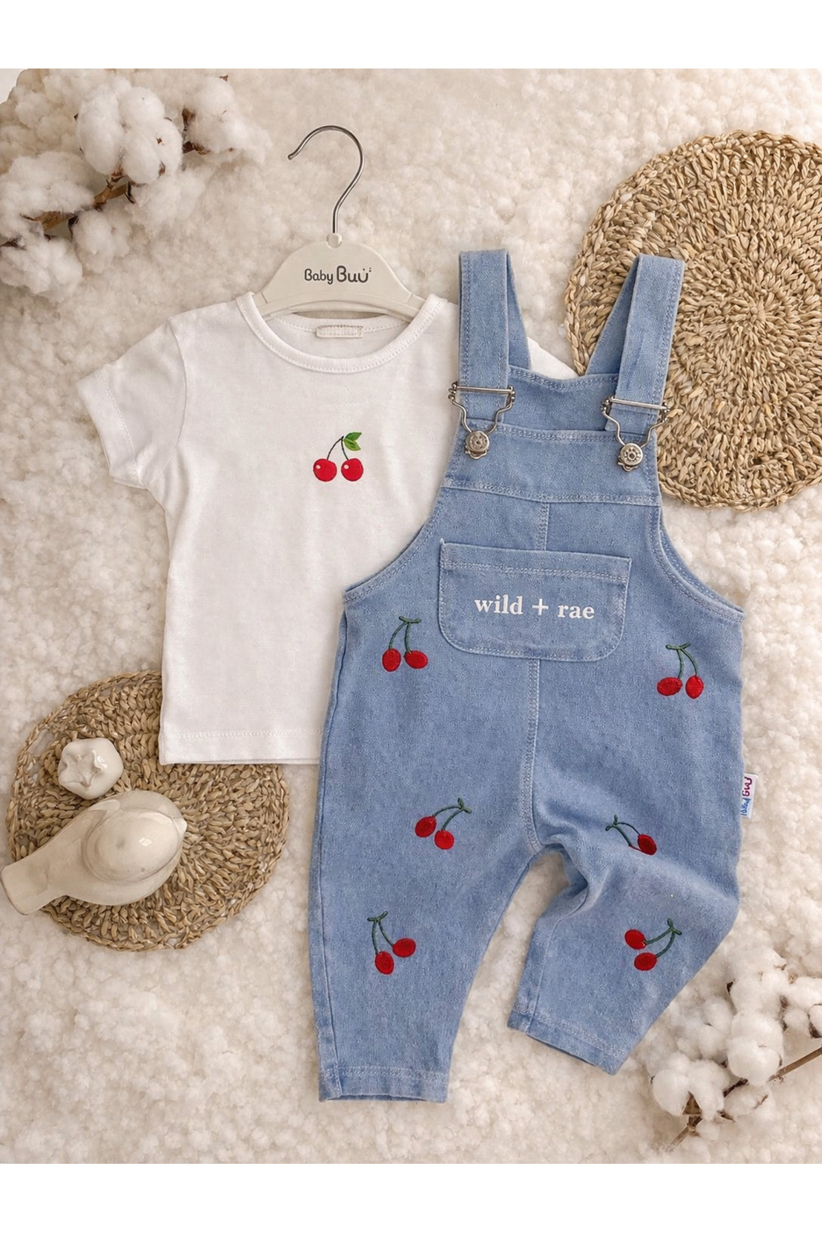 Cherry Embroidered Pocket Detailed Short Sleeve Baby Girl Dungaree 2pcs Set