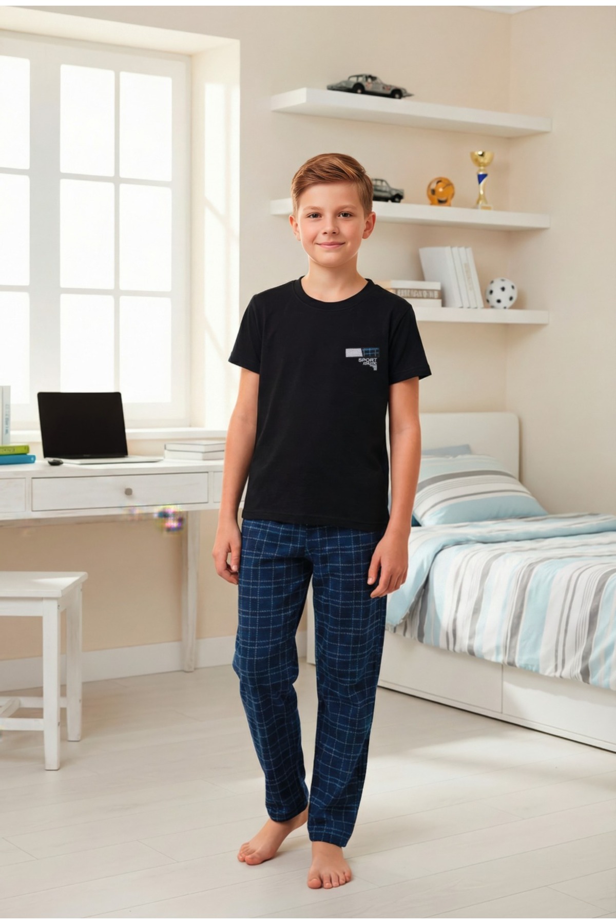LİLA İÇ GİYİM Boy's Plaid Short Sleeve Pajama Set