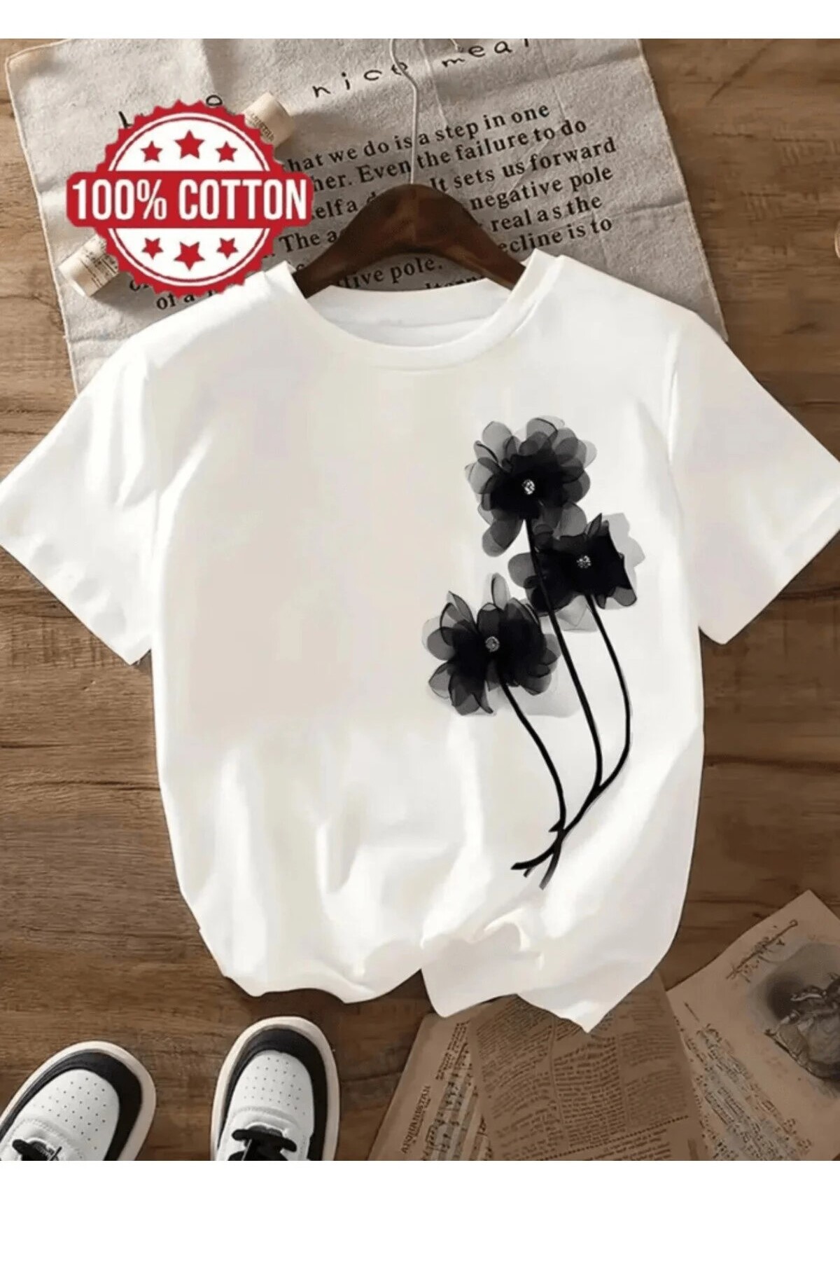 yombaa 3 Μαύρα μπλουζάκια με στάμπα λουλουδιών σε μεγάλο μέγεθος