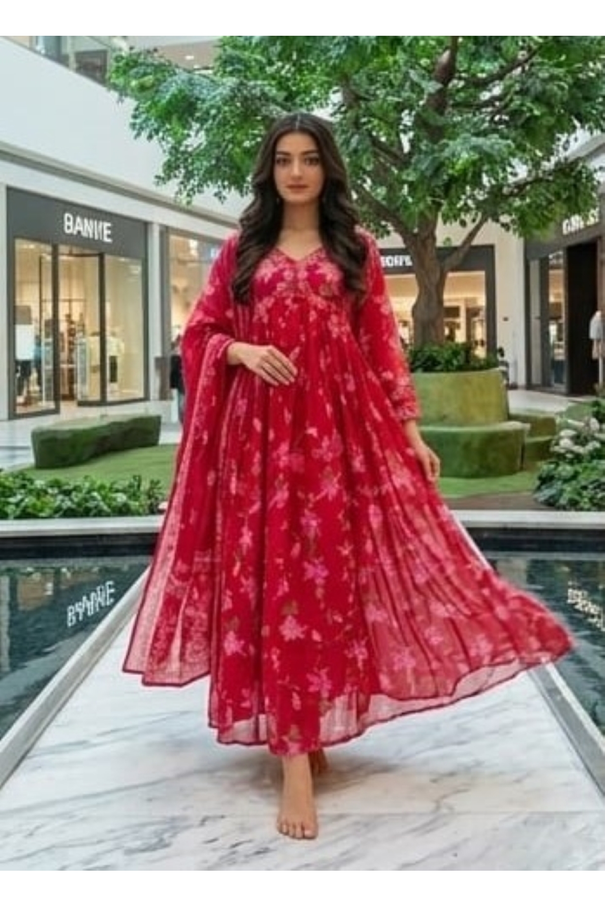 Genaric Women Floral Printed with embroidered Alia Cut Anarkali Dress with Dupatta, Premium Mal Mal Cotton