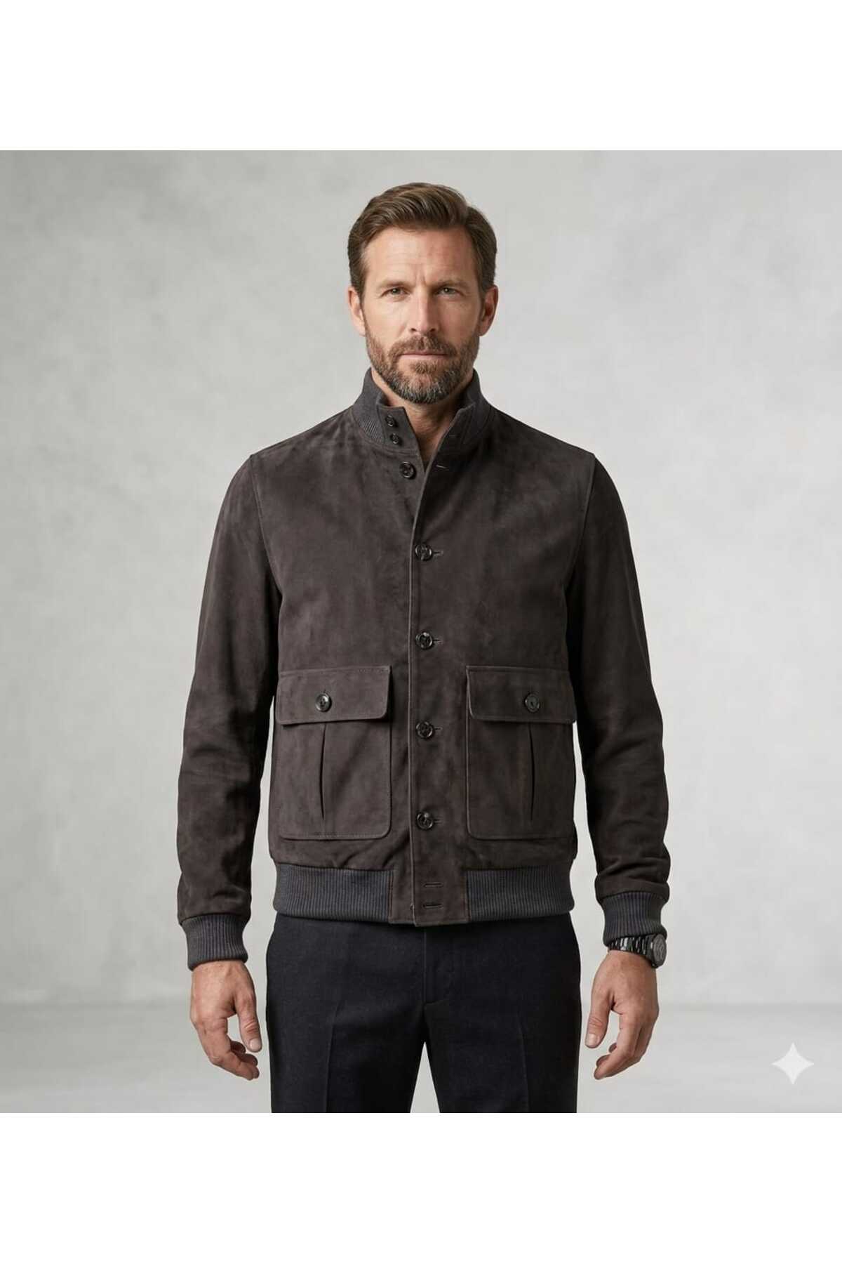 KENDE  Süet Düğmeli Kolej Kahverengi Erkek Deri Ceket - Görsel 2