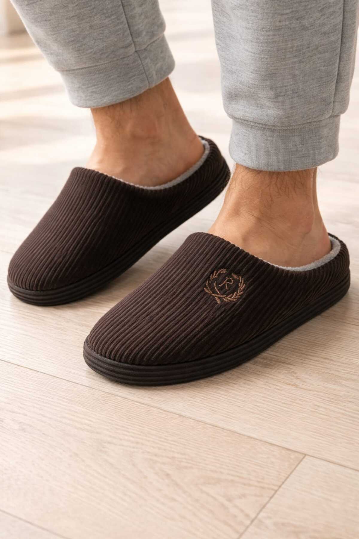 Bei piedi Fitilli Kadife Kumaş Nakışlı Rahat Erkek Terliği