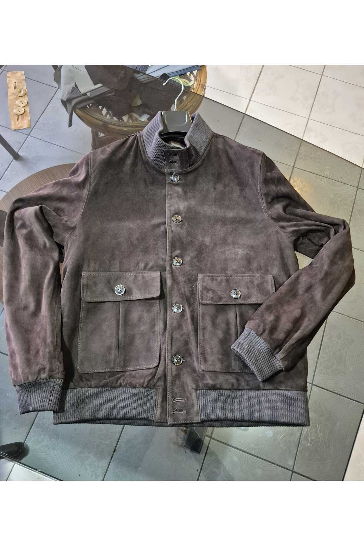 KENDE  Süet Düğmeli Kolej Kahverengi Erkek Deri Ceket - Görsel 5