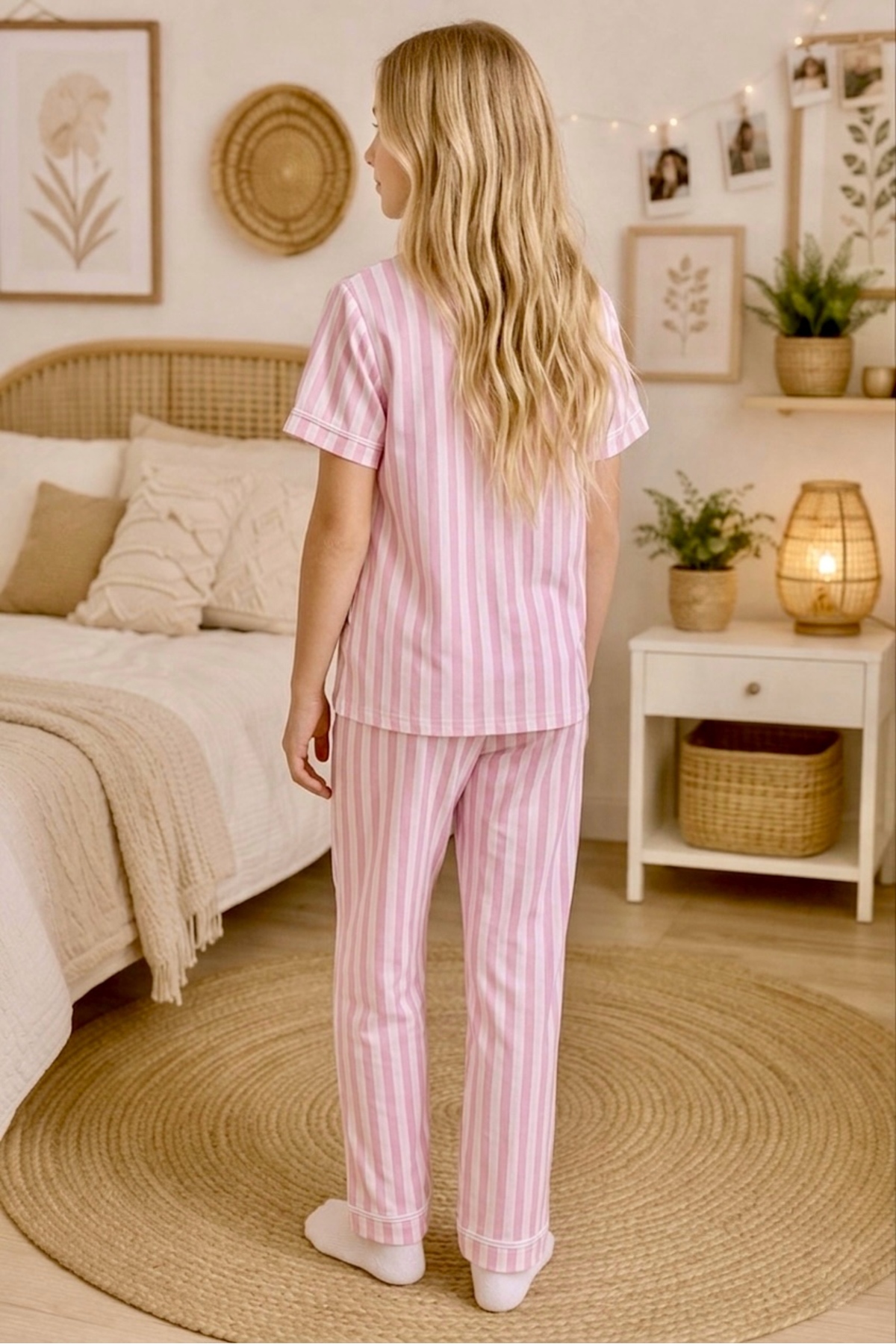 Enie Kız Çocuk Pamuklu Çizgili Yazlık Pijama Takımı + Göz Bandı fotoğrafı 2 (önizleme)