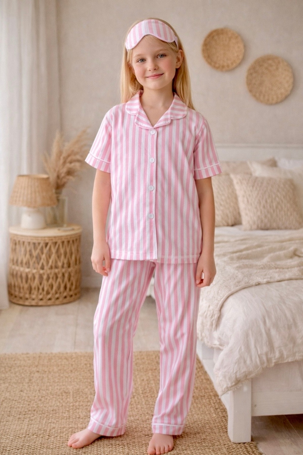 Enie Kız Çocuk Pamuklu Çizgili Yazlık Pijama Takımı + Göz Bandı fotoğrafı 3 (önizleme)