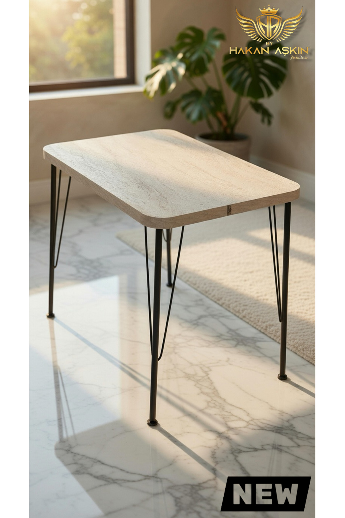 60x90 Cm Thick Original Travertine Kitchen-Balcony-Work Table with Black Metal Legs