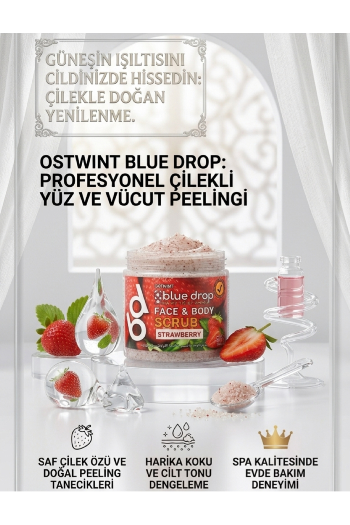 Blue Drop Yüz ve Vücut Peeling Scrub Nemlendirici Bakım Çilek Özlü 500ML — تصویر 3 از 8