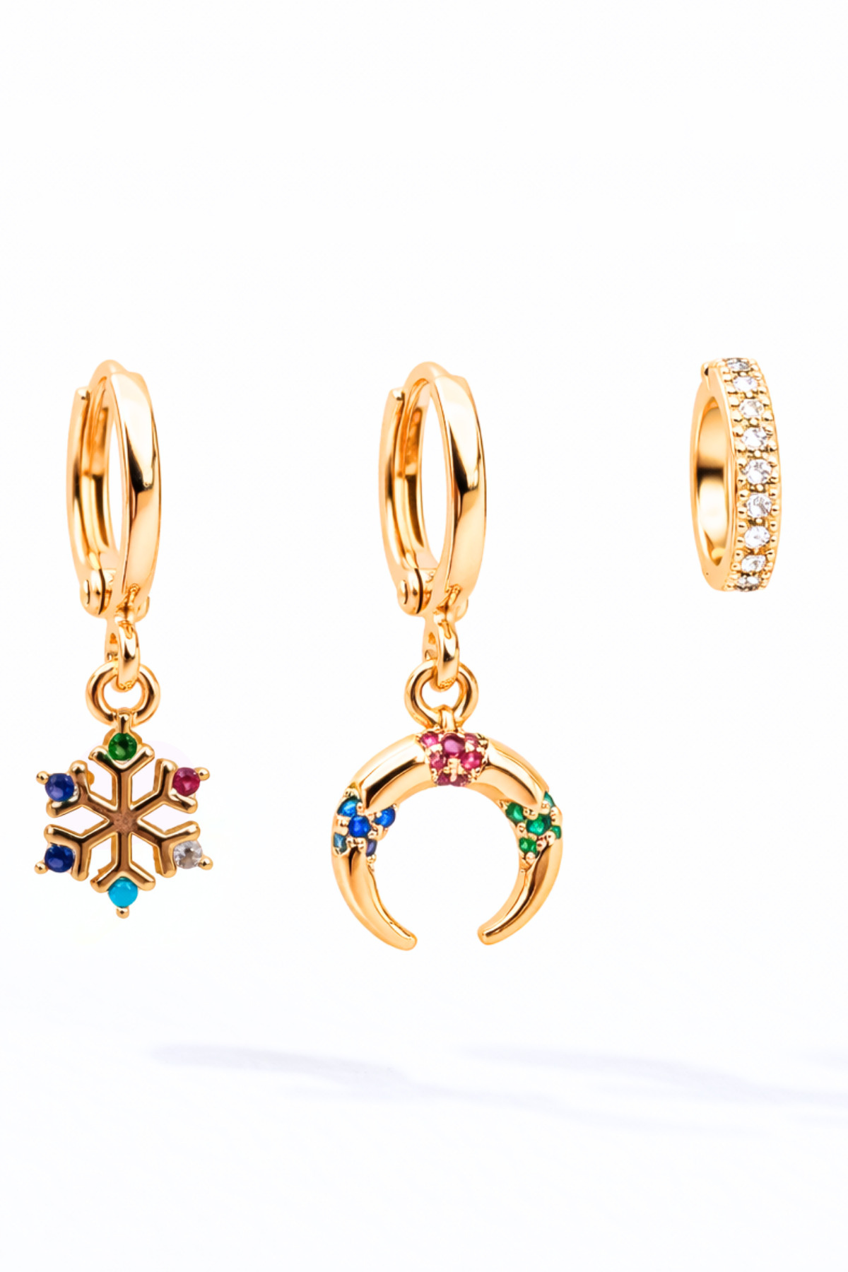 Rose Gold with Colored Zircon Gemstone, Charm,Ring 3-Piece Set Earrings , Ring, Crescent and Snowflake Charm