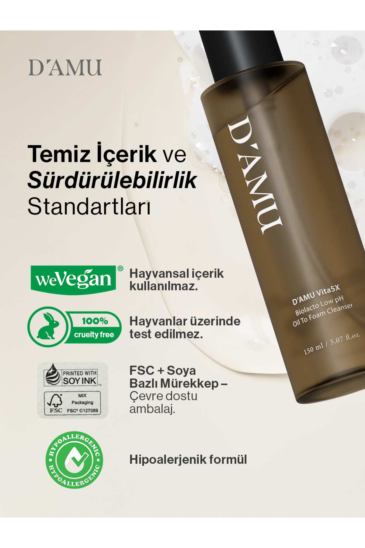 Vita5X Biolacto Low pH Oil to Foam Cleanser Nazik Temizleyici Yüz Yıkama Jeli — DAMU-CLEANSER-150ML — تصویر 7 از 7