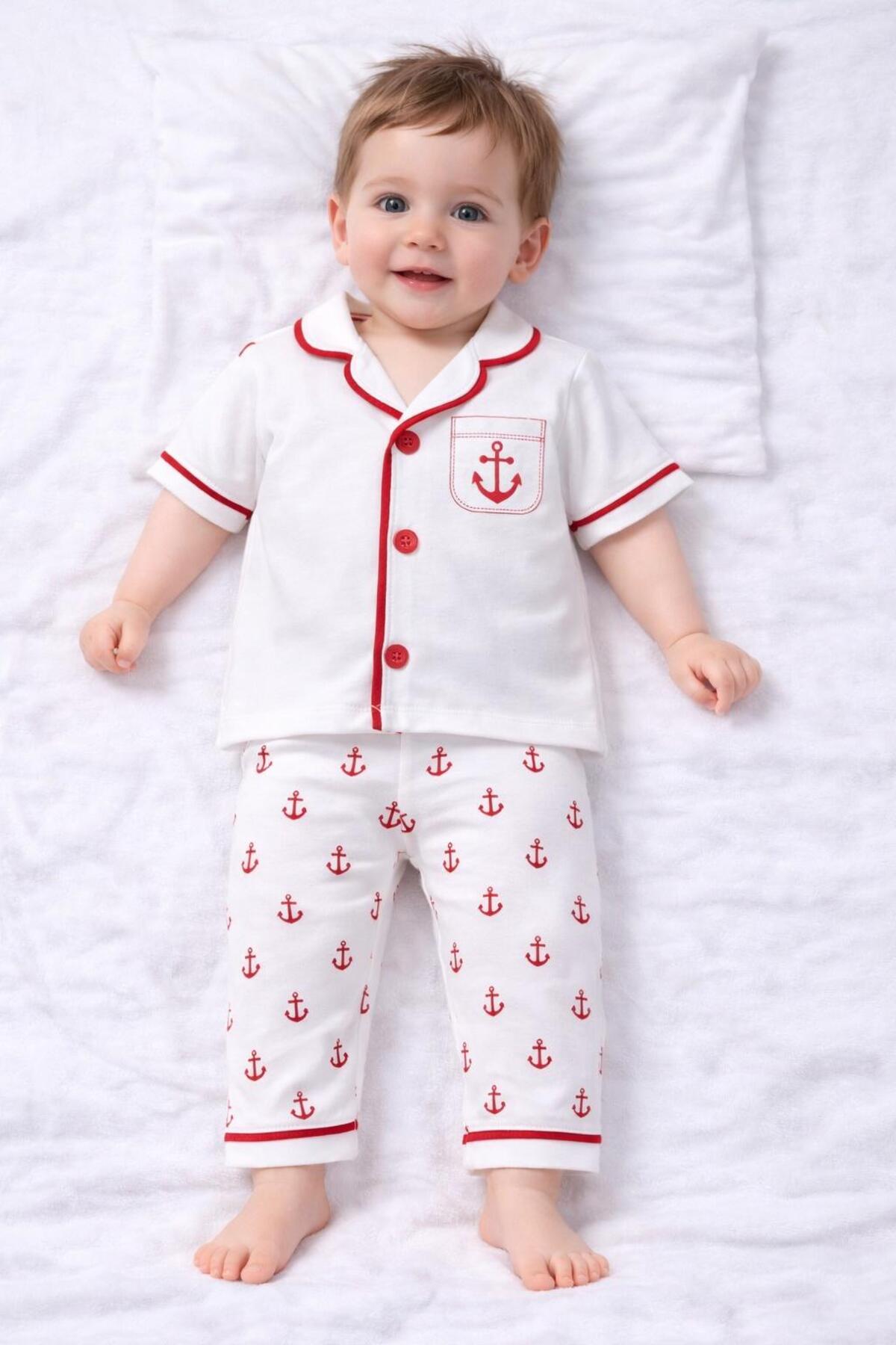 derin baby %100 Pamuklu Kısa Kollu Düğmeli Yazlık Denizci Çapalı Erkek Bebek Pijama Takımı fotoğrafı 4 (önizleme)