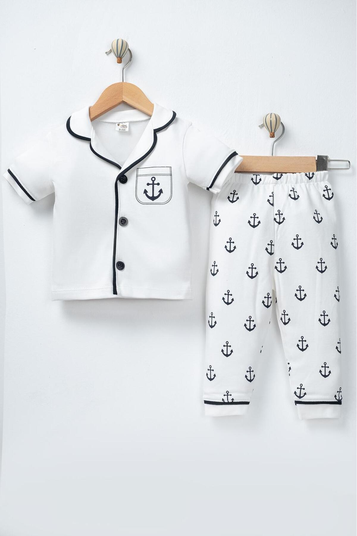 derin baby %100 Pamuklu Kısa Kollu Düğmeli Yazlık Denizci Çapalı Erkek Bebek Pijama Takımı fotoğrafı 3 (önizleme)