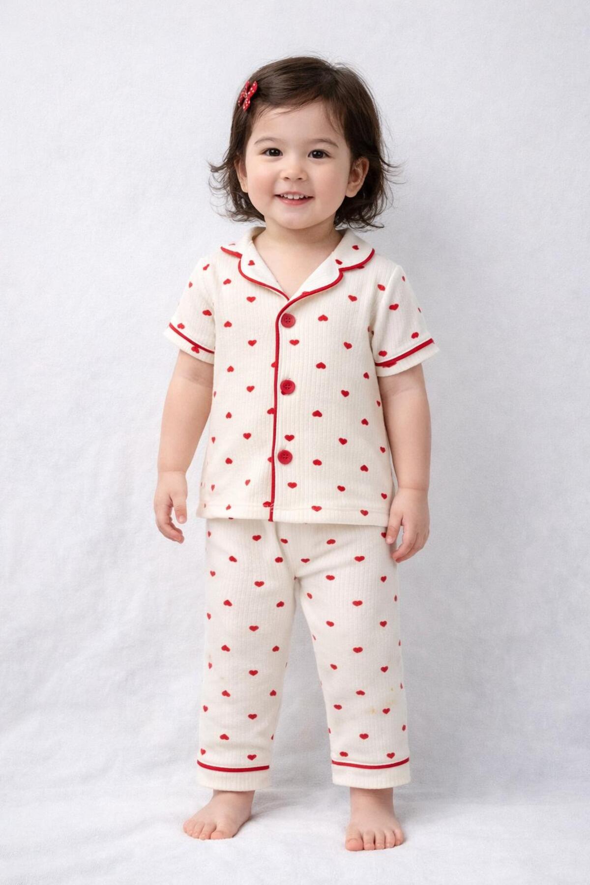 derin baby %100 Pamuk Kısa Kollu Düğmeli Yazlık Minik Kırmızı Kalpli Kız Bebek Çocuk Pijama Takımı fotoğrafı 3 (önizleme)