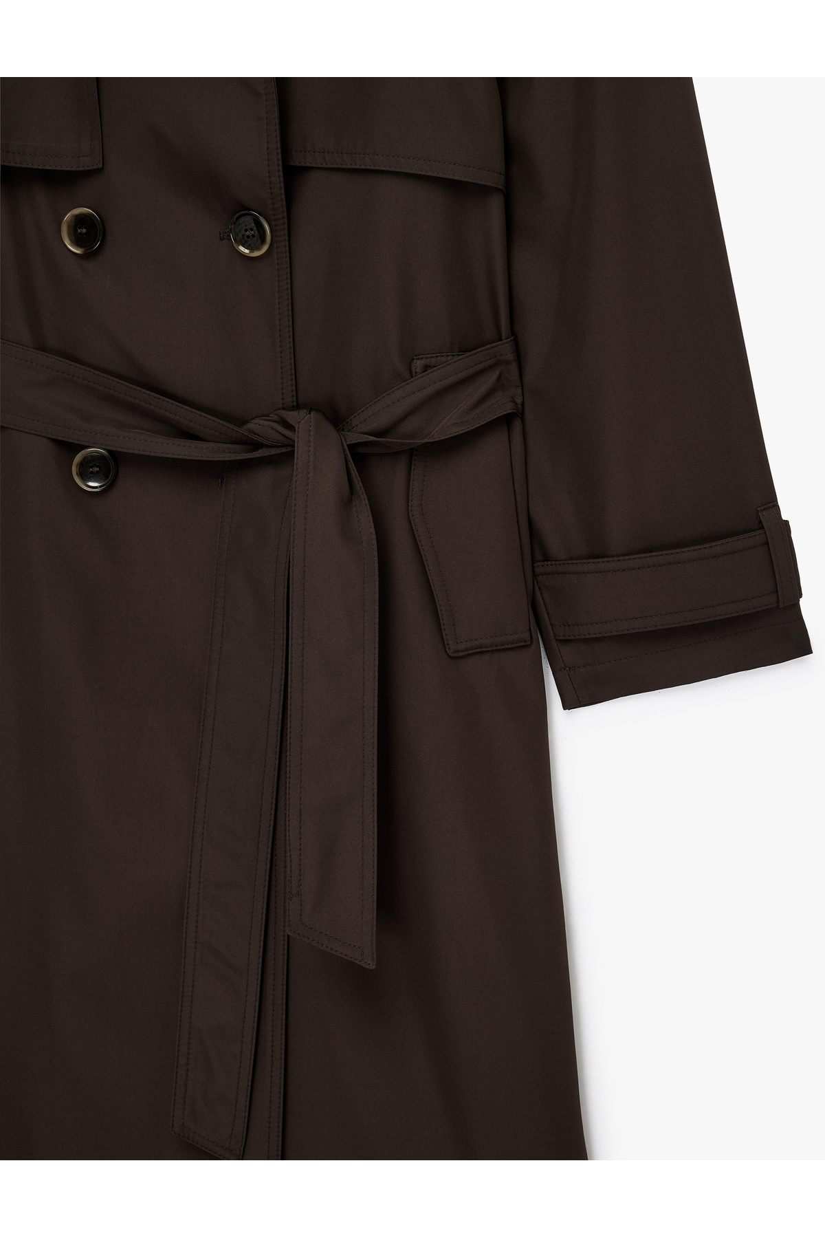 Koton Uzun Kollu Yakası Süet Görünümlü Kemerli Kruvaze Oversize Gabardin Trençkot görsel 8