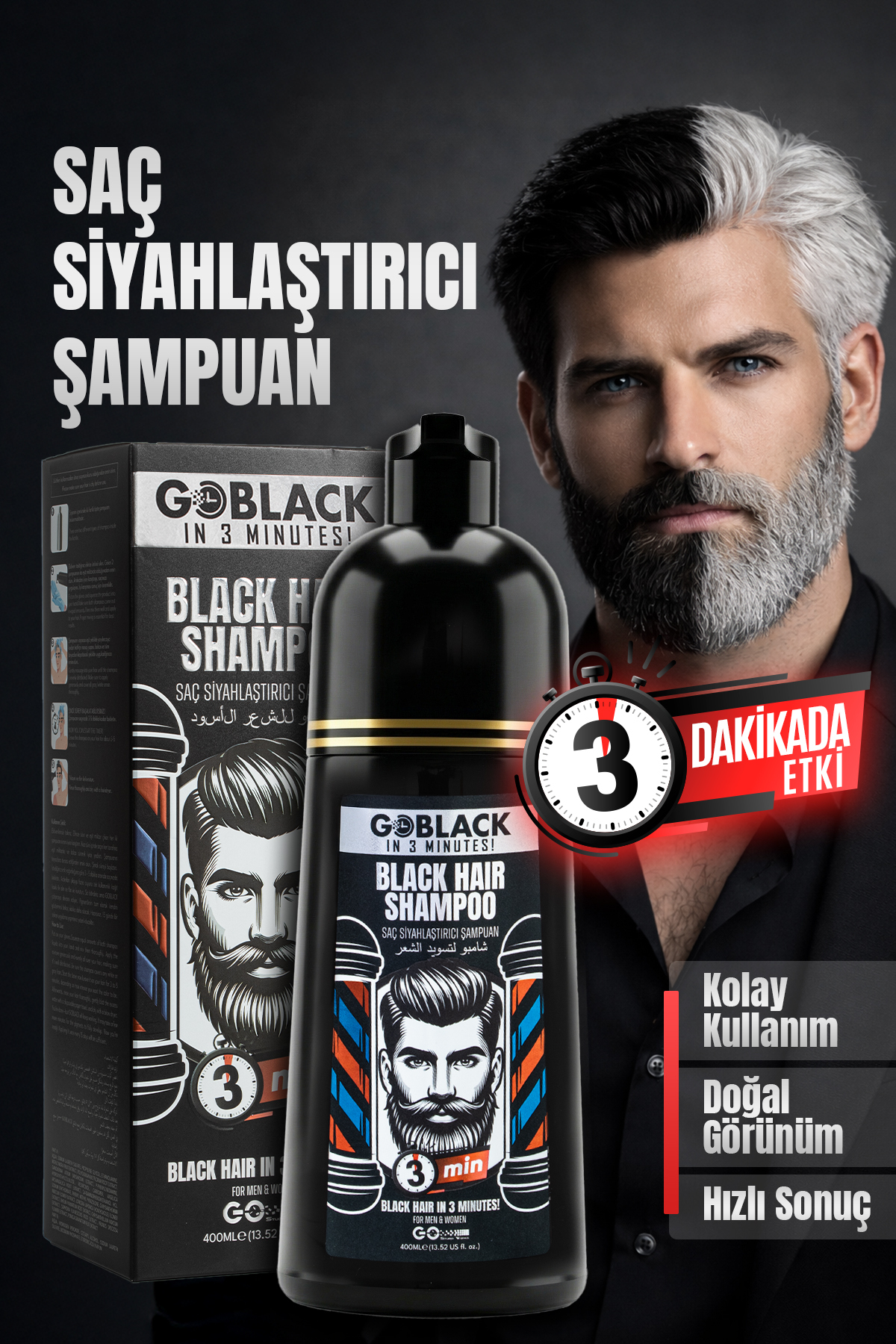 Go Black Saç Siyahlaştırıcı Beyaz Kapatıcı Siyah Şampuan 3 Dakikada Etkili Saç Sakal Şampuanı 400ml. — Goblack4