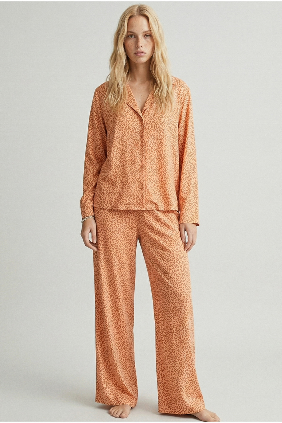 Siyah İnci  somon Leopar Baskılı Düğmeli Örme Pijama Takım 7611 - Görsel 2