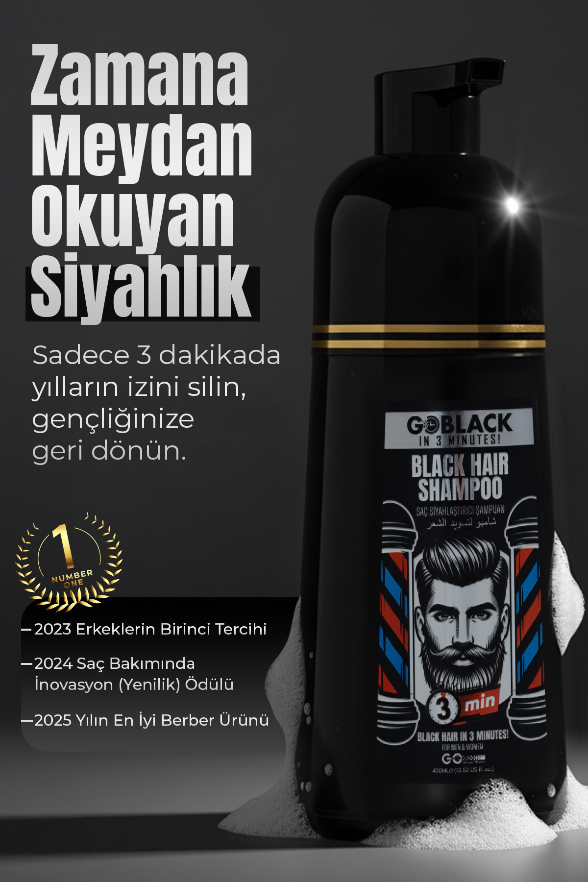 Saç Siyahlaştırıcı Beyaz Kapatıcı Siyah Şampuan 3 Dakikada Etkili Saç Sakal Şampuanı 400ml. — Goblack4 — تصویر 7 از 7