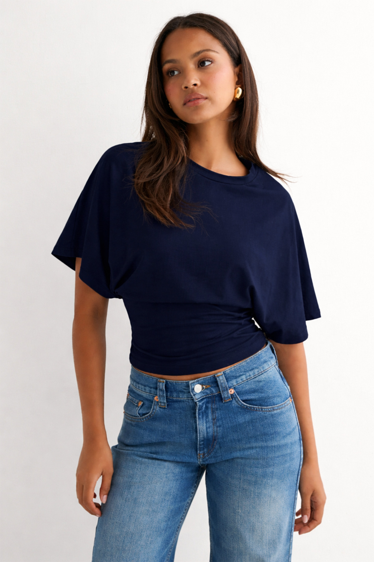 ecemore  Bele Oturan Geniş Kollu Lacivert Doğal Viskon Bluz - Görsel 2