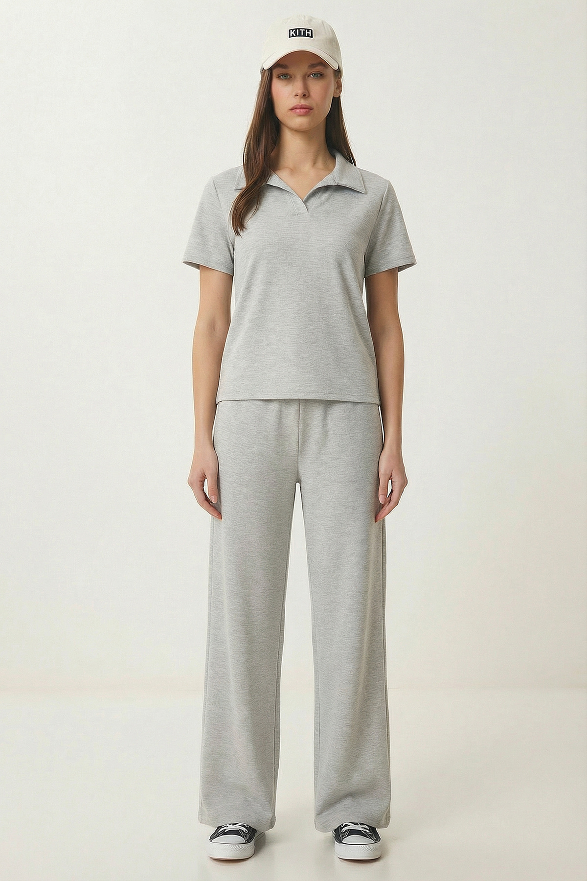 Polo Neck Flexible Knitted Bottom-Top Set LBY0038 GRAY MELANGE