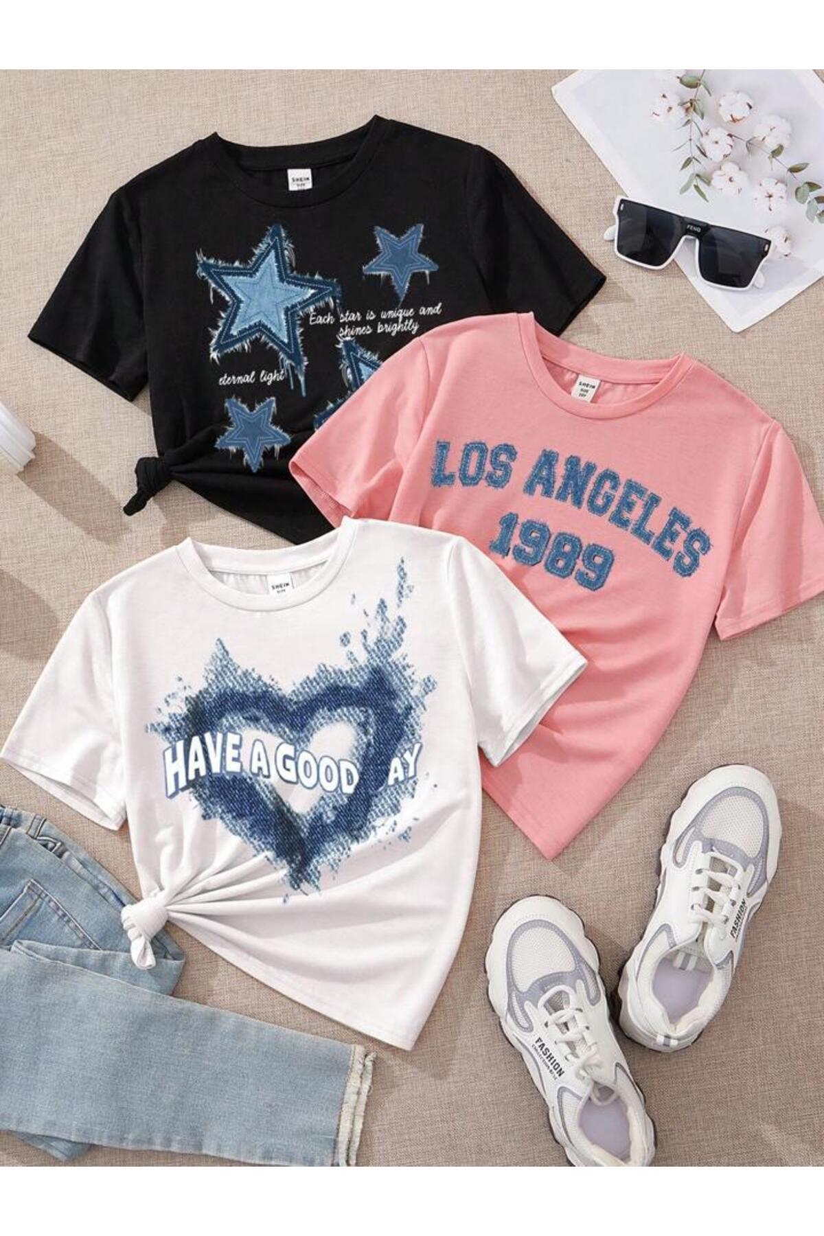 Girl 3-Pack Los Angeles Have A Good Combed Cotton T-Shirt(Black-Pink-White)