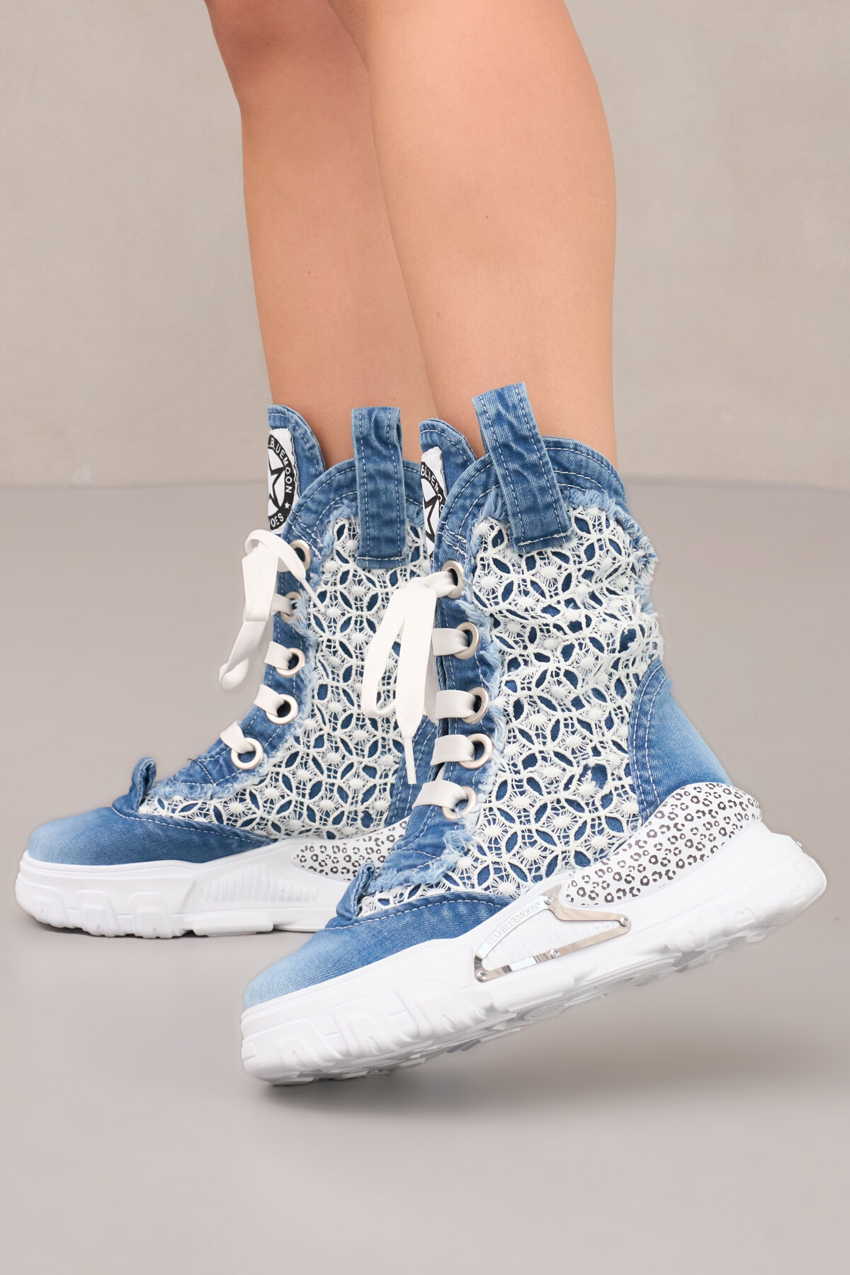 StarBlueMooN Women's Denim Boots with Fishnet Lace and Metal
