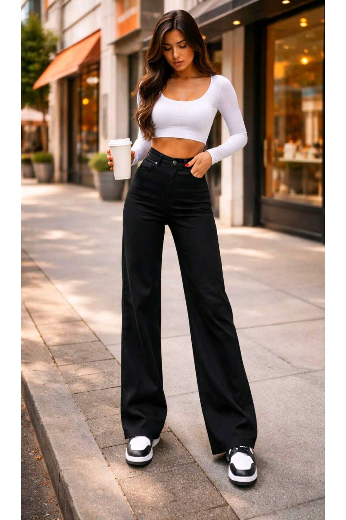 Ojo Women's High Waist Black Jeans Black Loose Jeans Lycra Stretchy Palazzo