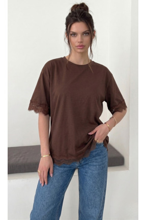 FOORS Kadın Dantel Detaylı Bisiklet Yaka Oversize T-Shirt