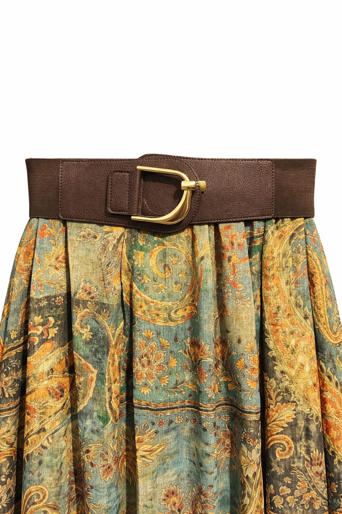 Mixray  4872 Kadın Kemerli Şal Desenli Midi Etek Yeşil - Görsel 2