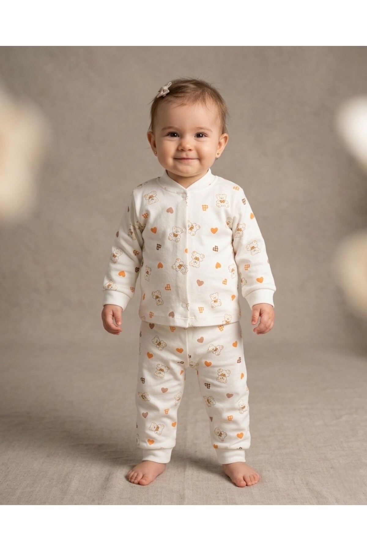 Egelite Kız Bebek Kalp ve Ayıcık Baskılı Çıtçıtlı Mevsimlik %100 Pamuk Gecelik Alt Üst Pijama Takımı fotoğrafı 2 (önizleme)