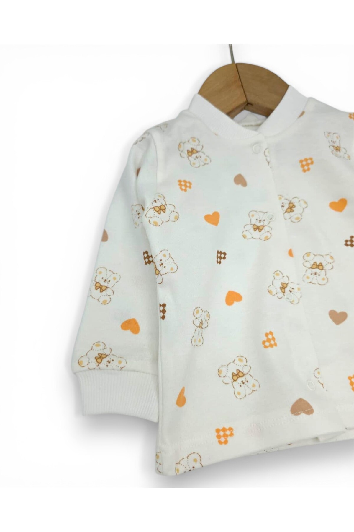 voyyo kids baby Kız Bebek Kalp ve Ayıcık Baskılı Çıtçıtlı Mevsimlik %100 Pamuk Gecelik Alt Üst Pijama Takımı fotoğrafı 3 (önizleme)