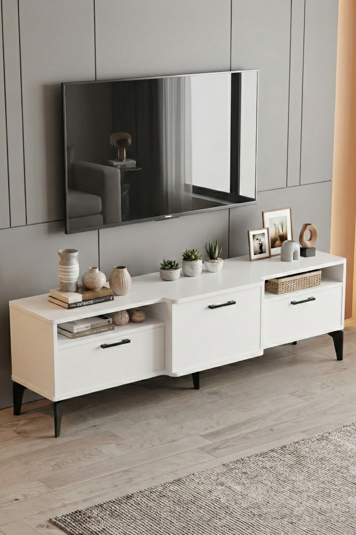 Goldfalez Mistral TV Sehpası Metalik Beyaz 160x40 cm görsel 4
