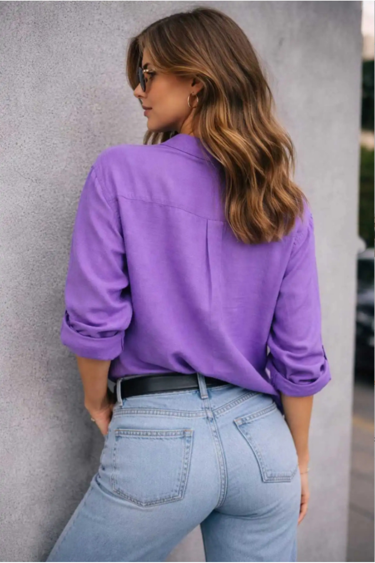 blackbonds Kadın Mor Oversize Pamuklu Rahat Tek Cepli Keten Gömlek, Yeni Yaz Koleksiyonu görsel 3