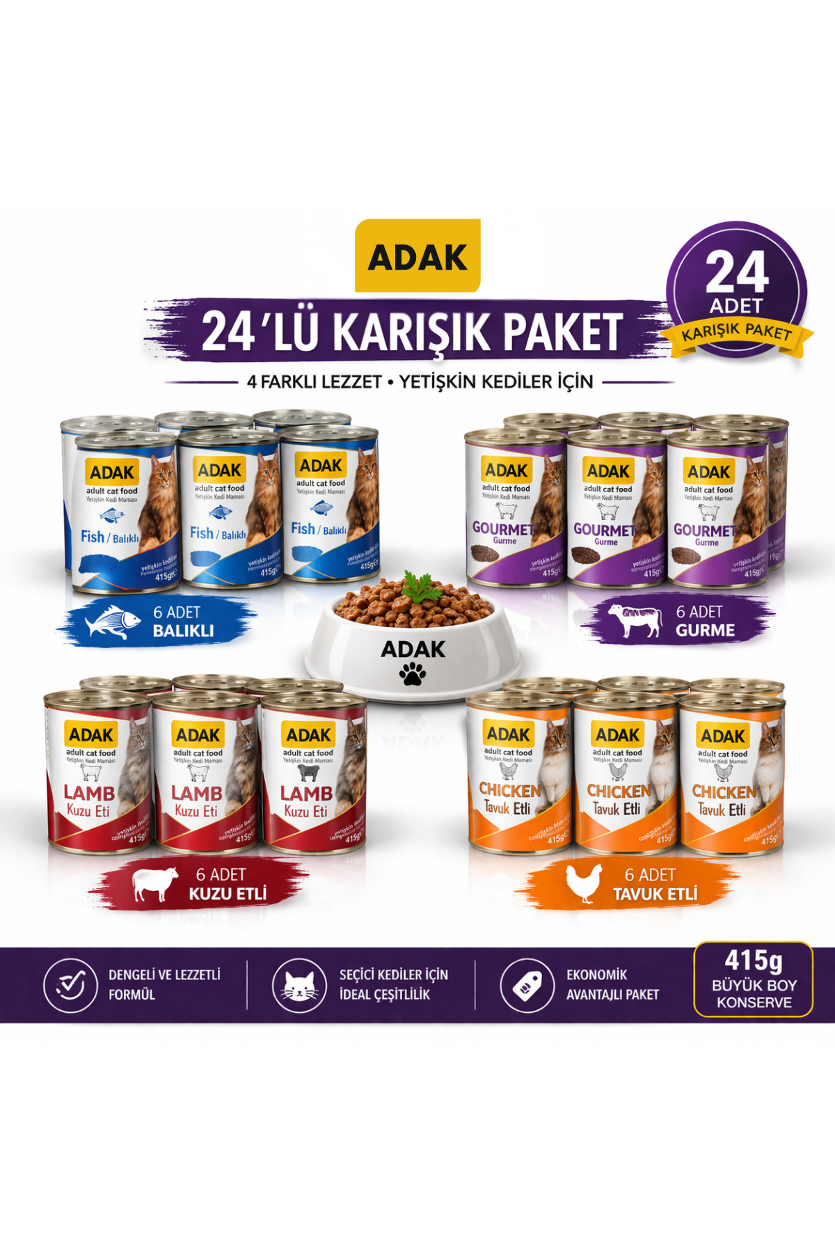 adak 24’lü Karışık Kedi Konservesi 415g Büyük Boy – Yetişkin Kediler İçin Yaş Mama Seti - Fiyatı, Yorumları