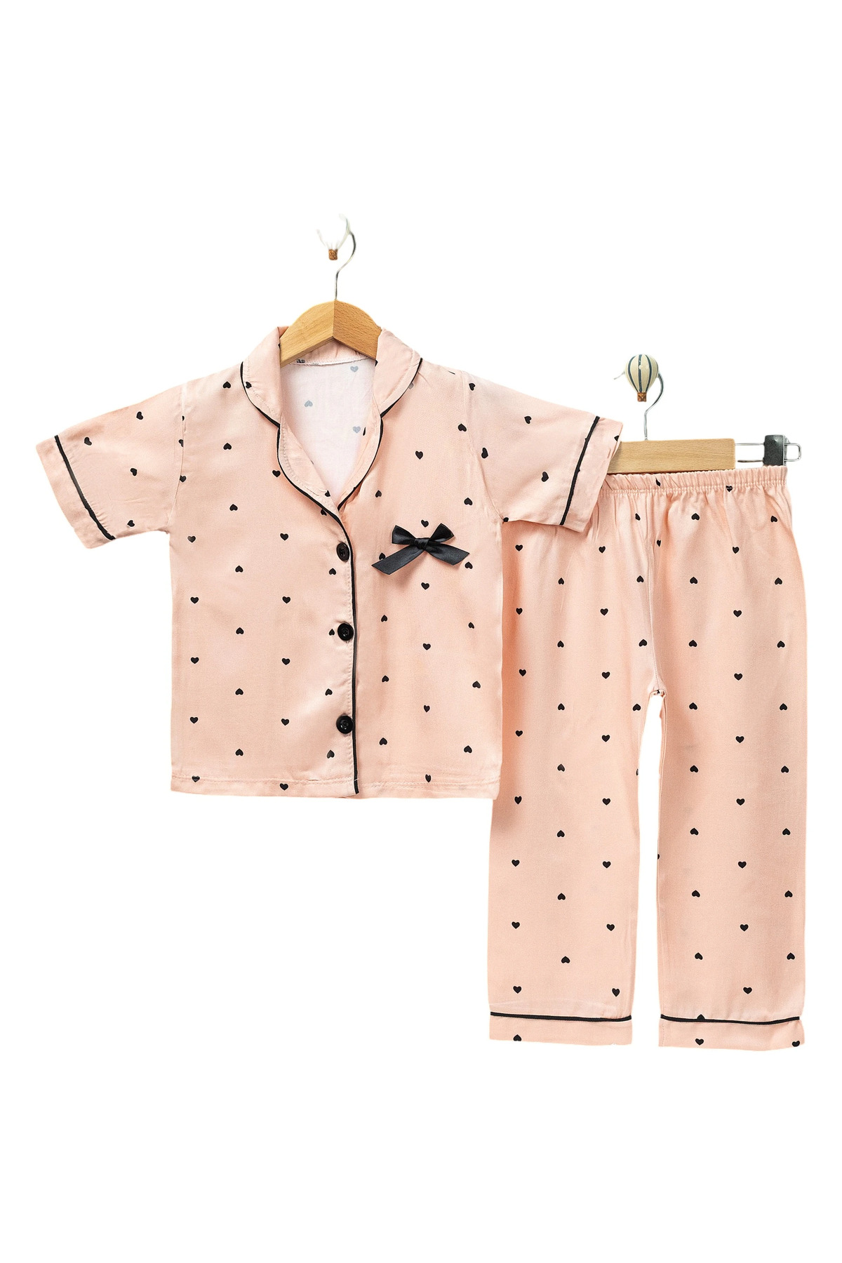 MixMax Bebe Kız Çocuk Siyah Fiyonk Kalpli Kısa Kollu Düğmeli Pijama %100 Pamuklu fotoğrafı 2 (önizleme)