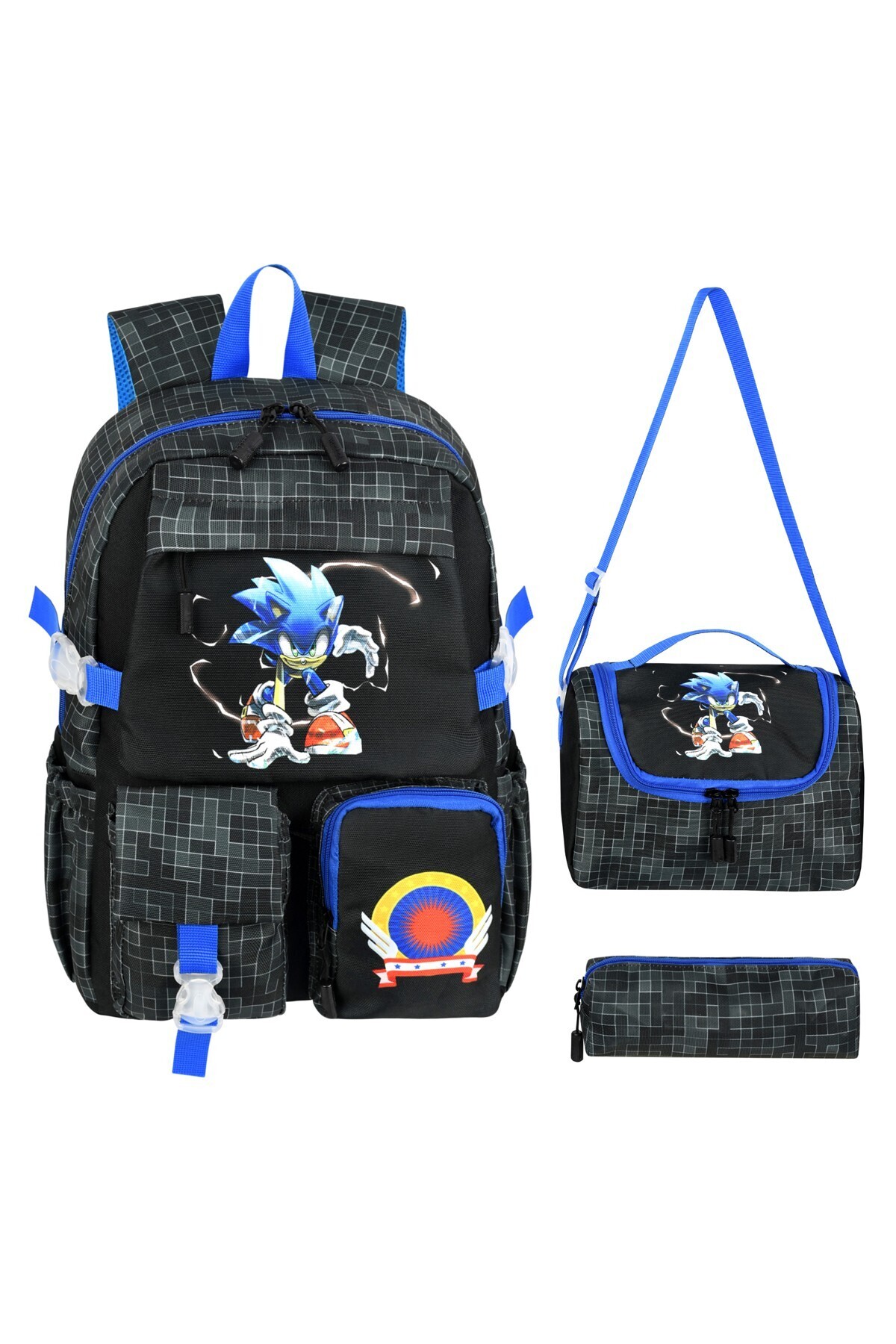 Korean Style Kids Black Sonic Themed Primary School Backpack,Thermal Feeding Bag And Pencil Case