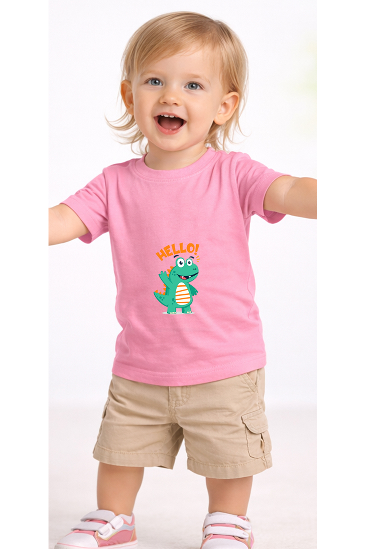 petite pati Pembe Hellodino Bebek Tişört %100 Pamuk Penye Çocuk Tshirt Baskılı fotoğrafı 2 (önizleme)