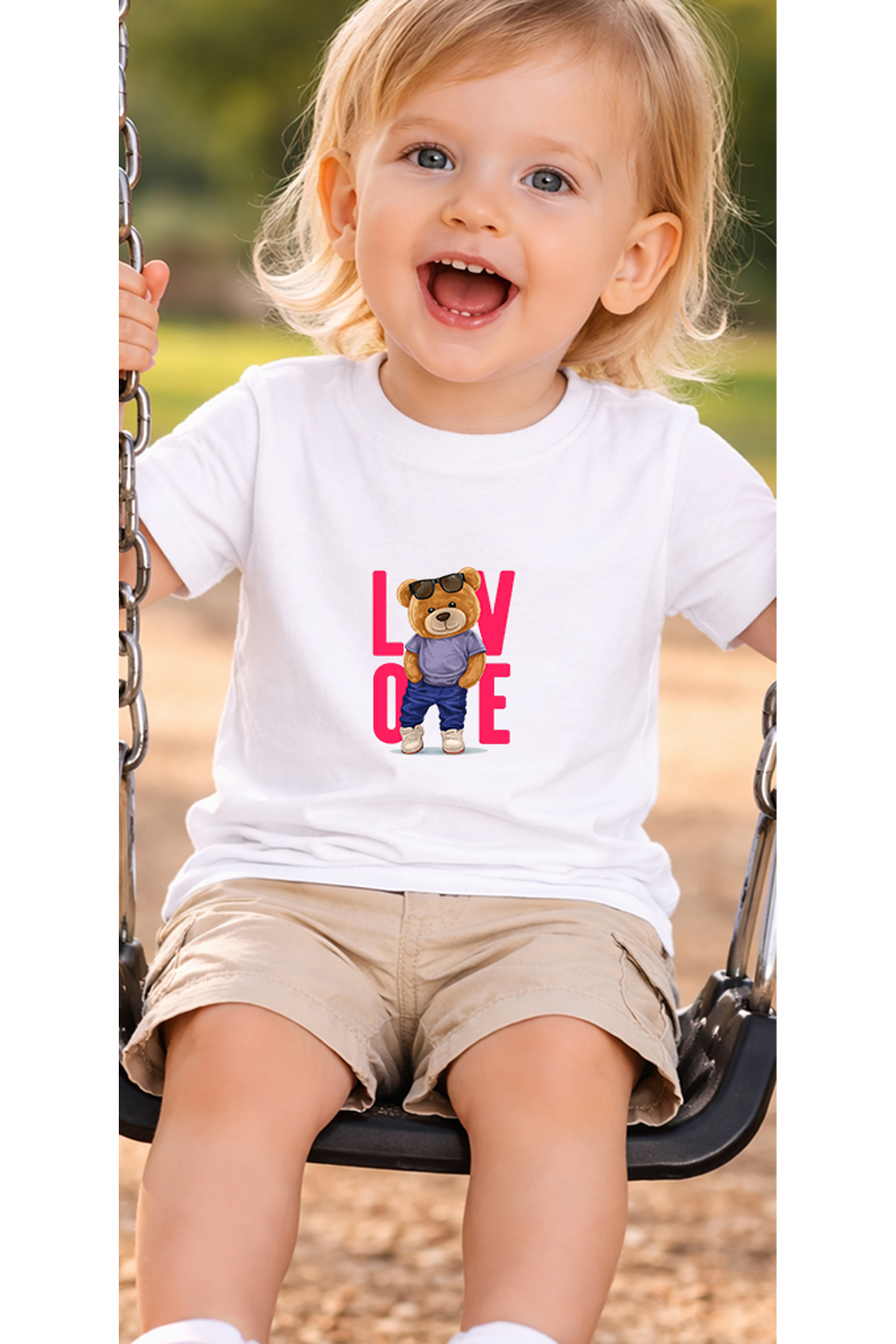 petite pati Beyaz Lovebear Bebek Tişört %100 Pamuk Penye Çocuk Tshirt Baskılı fotoğrafı 3 (önizleme)