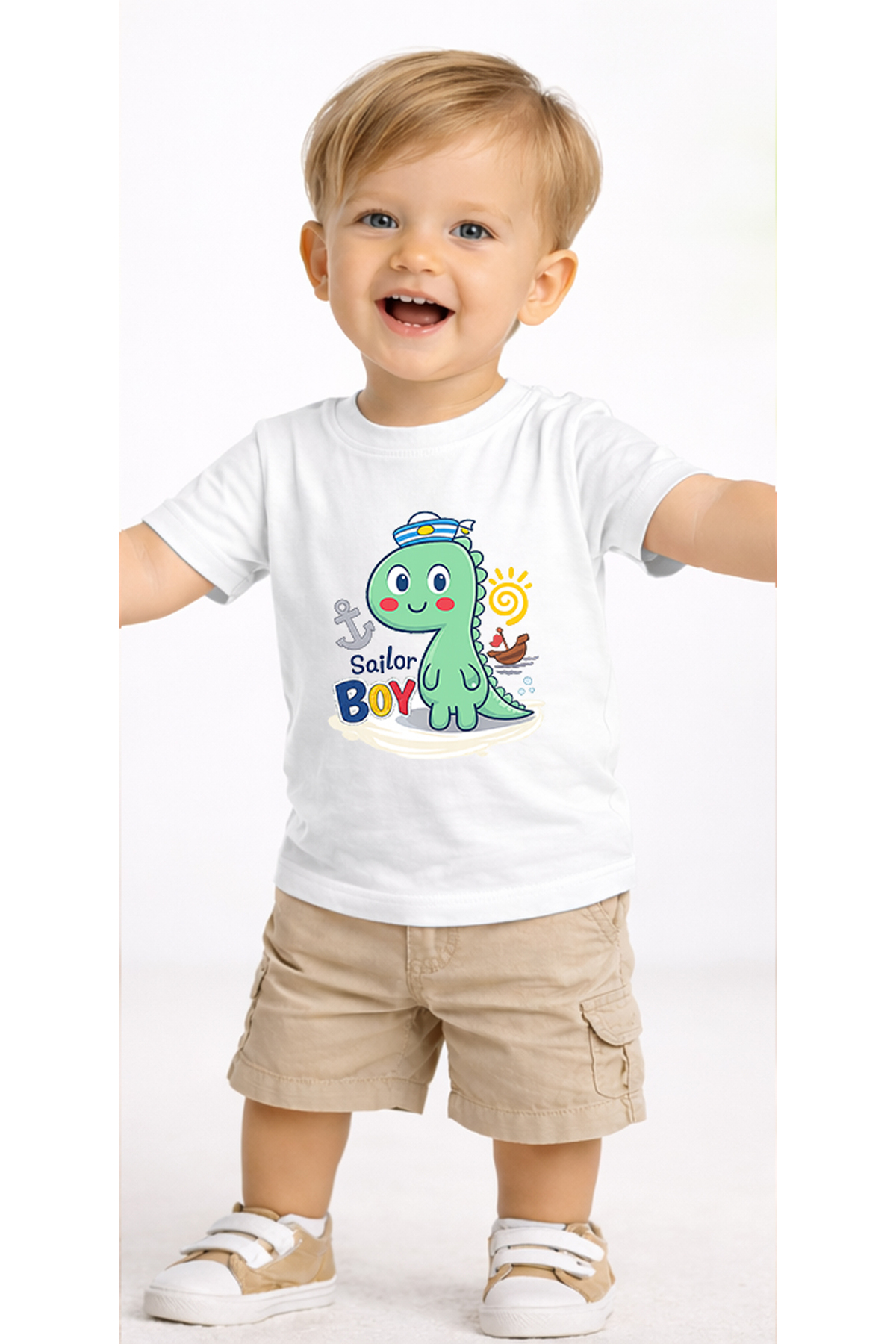 petite pati Beyaz Sailordino Bebek Tişört %100 Pamuk Penye Çocuk Tshirt Baskılı fotoğrafı 2 (önizleme)