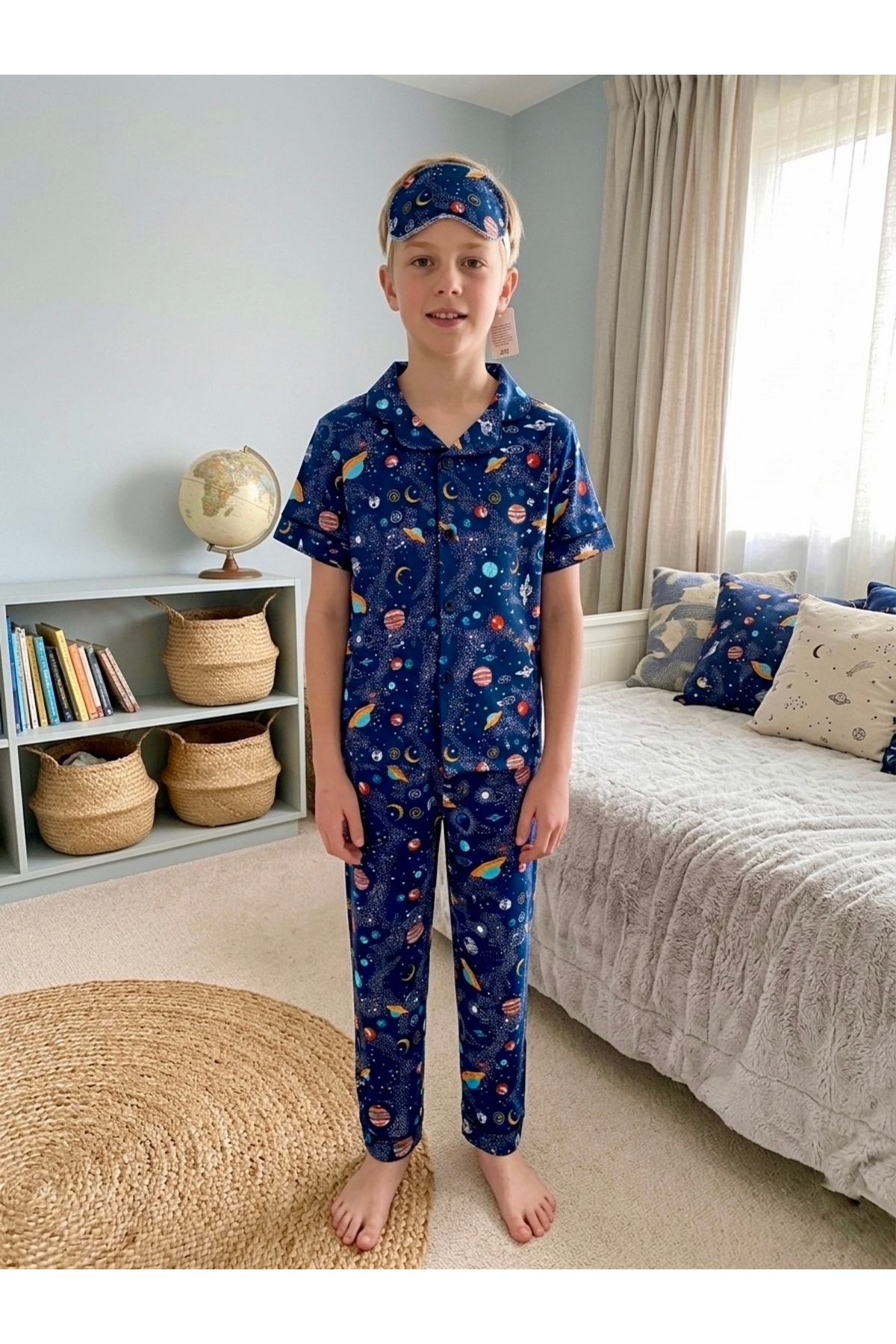 Enie Erkek Çocuk Pamuklu Uzay Desenli Yazlık Göz Bantlı Pijama Takımı fotoğrafı 6 (önizleme)