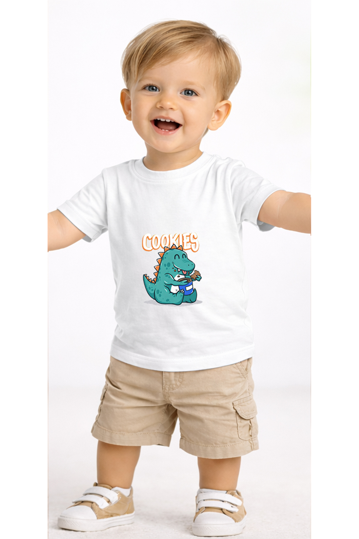 petite pati Beyaz Cookiedino Bebek Tişört %100 Pamuk Penye Çocuk Tshirt Baskılı fotoğrafı 2 (önizleme)