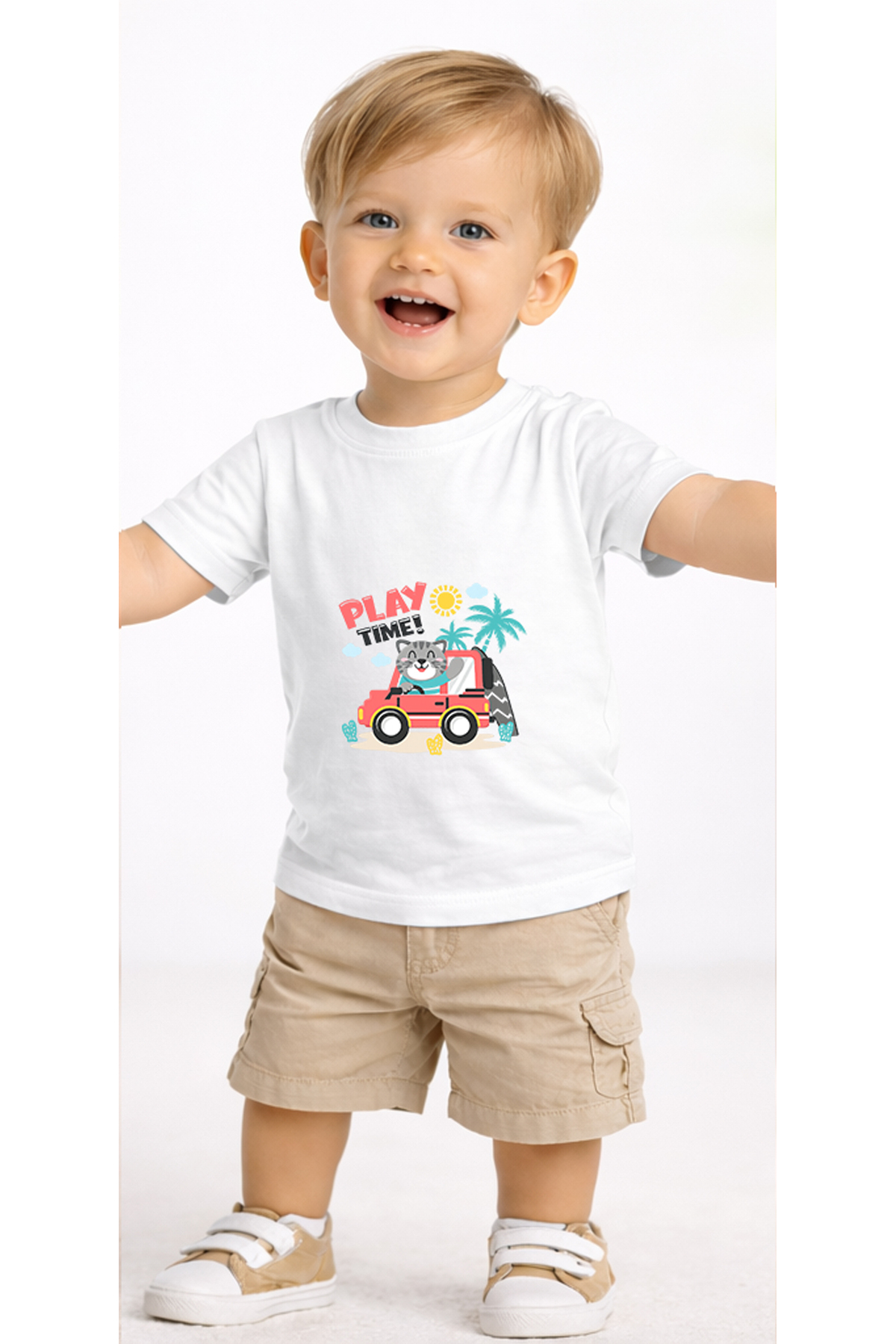 petite pati Beyaz Playtimecat Bebek Tişört %100 Pamuk Penye Çocuk Tshirt Baskılı fotoğrafı 2 (önizleme)