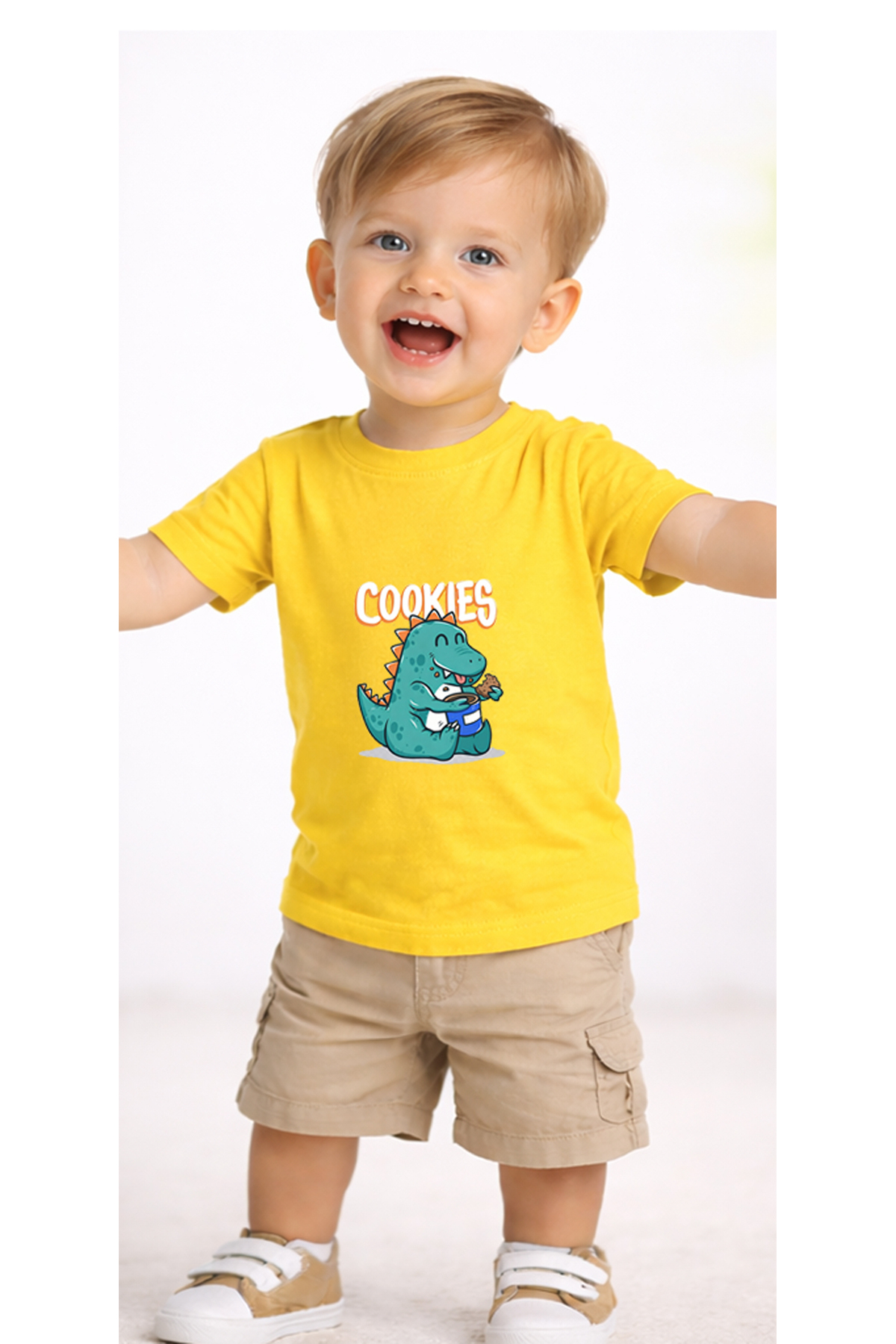 petite pati Sarı Cookiedino Bebek Tişört %100 Pamuk Penye Çocuk Tshirt Baskılı fotoğrafı 2 (önizleme)