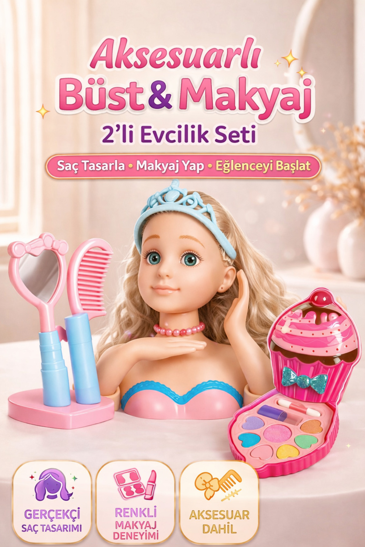 YILDIRIM OYUNCAK Saç Tasarım Büstü ve Makyaj Seti – Aksesuarlı