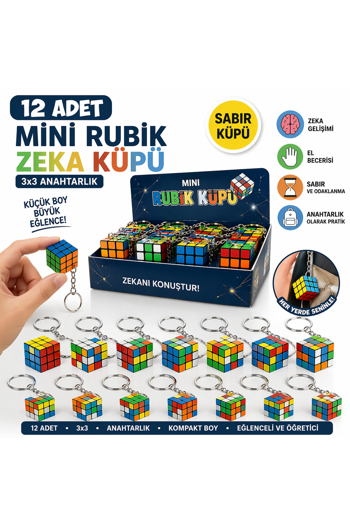 KAR TANESİ 12 Adet Mini Rubik Zeka Küpü 3x3 Anahtarlık Sabır Küpü