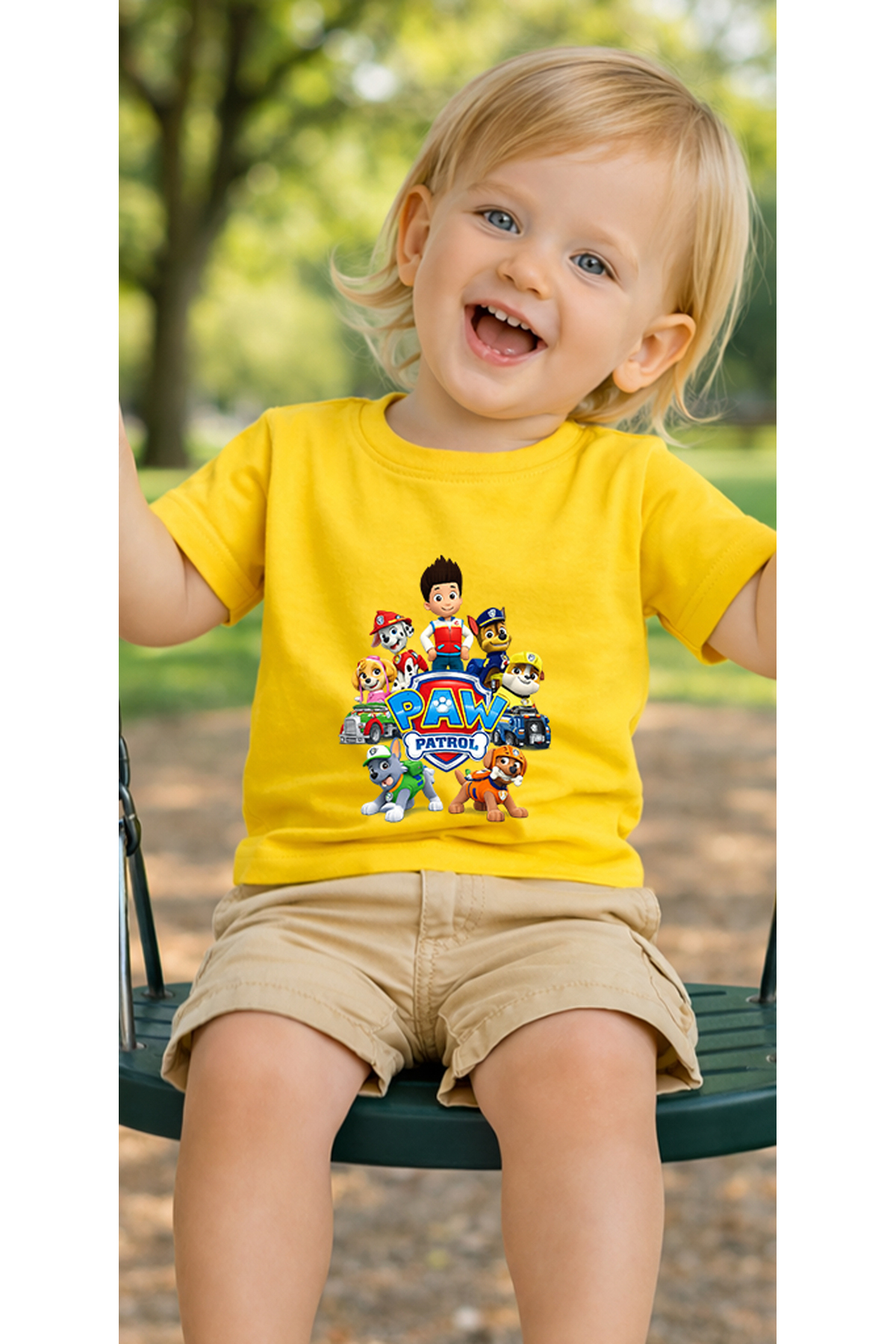 petite pati Sarı Pawaptrolgroupround Bebek Tişört %100 Pamuk Penye Çocuk Tshirt Baskılı fotoğrafı 3 (önizleme)
